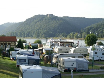 Motorhome parking space - Duschen - Rhineland-Palatinate - Blick auf Burg Rheineck - Wellness-Rheinpark-Camping Bad Hönningen
