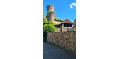 Reisemobilstellplatz - Art des Stellplatz: bei Weingut - Rheinland-Pfalz - Und hier der Blick nach Süden zur Burgruine  - Stellplatz mit Burgblick auf die Burg Layen