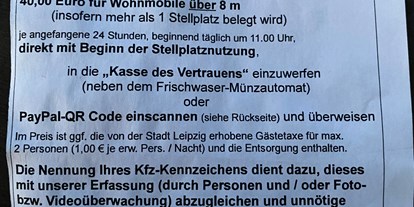 Reisemobilstellplatz - Hunde erlaubt: Hunde erlaubt - Großpösna - Zettel am WOMO - Wohnmobilstellplatz Leipzig Zentrum und Zoo