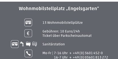 Motorhome parking space - Eschwege - Informationstafel auf dem Stellplatz mit Kontakten, QR-Code zum Mängelmelder und Preisen - Wohnmobilstellplatz "Engelsgarten" Mühlhausen/Thür.