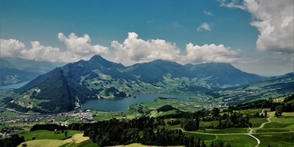 Reisemobilstellplatz - Umgebungsschwerpunkt: Fluss - Schweiz - Sicht auf den Lauerzersee bzw. den Talkessel Schwyz von der Haggenegg aus (tolle Wander- und Bikestrecke). - Vogelmatt Steinen