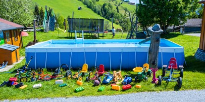Motorhome parking space - Swimmingpool - Austria - Pool, Kinderfahrzeuge, Trampolin und Spielsachen stehen unseren Gästen zur freien Verfügung. - Kinderbauernhof Oberhasenberghof