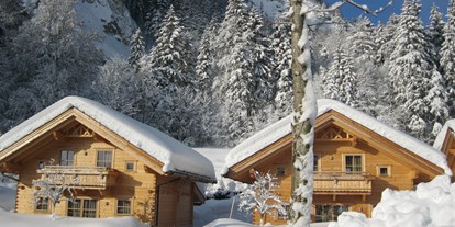 Reisemobilstellplatz - Umgebungsschwerpunkt: Berg - Hall in Tirol - Holzblockhäuser im Areal des Campingplatzes - Karwendel Camping