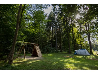 Motorhome parking space - Wohnwagen erlaubt - Slovenia - Our main meadow with rental equipped tents. - Forest Camping Mozirje