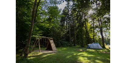 Reisemobilstellplatz - Art des Stellplatz: ausgewiesener Parkplatz - Slowenien - Our main meadow with rental equipped tents. - Forest Camping Mozirje