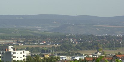 Reisemobilstellplatz - Umgebungsschwerpunkt: Berg - Rheinhessen - Blick vom Stellplatz in das Rheintal, mit Niederwalddenkmal - Stellplatz am Weingut Desoi