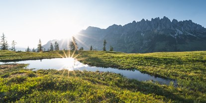 Reisemobilstellplatz - Alpen - TRÄUME WERDEN WAHR 
Sonnenschein auf dem Hochkeilsee umgeben von der grünen Landschaft mit dem Ausblick auf das Bergenparadies - Hochkönig Camping 