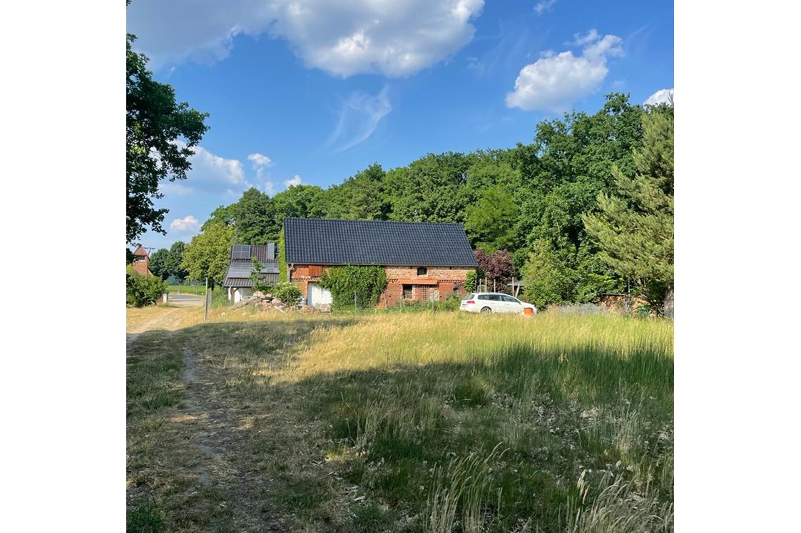 Wohnmobilstellplatz: Blick zum Haus und Scheune von der Wiese aus - Ruhiger Platz im Naturpark Fläming & Kultur Nähe