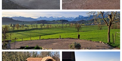 Reisemobilstellplatz - WLAN: nur um die Rezeption vorhanden - Schweiz - Stellplatz mit Bergsicht - Bauernhof Krummacker
