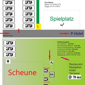 Wohnmobilstellplatz: Organisationdiagramm zum Stellplatz mit Darstellung Stellplatzordnung - Entfernungsangaben und Lage der Einrichtungen am Hotel - Am Hotel Landhaus Nassau