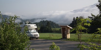Reisemobilstellplatz - Grauwasserentsorgung - Region Allgäu - Eine unserer Stromsäulen mit Unterlegkeilen  - Hochgratblick