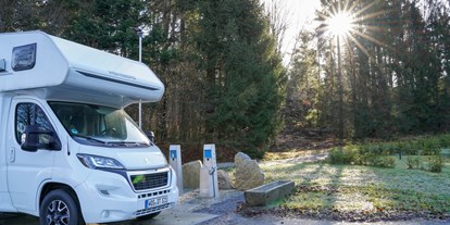 Reisemobilstellplatz - PLZ 94032 (Deutschland) - Wohnmobil bei der Grauwasserentleerung und Servicestation am Wohnmobilhafen - Camping Resort Bayerwald