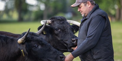 Reisemobilstellplatz - Walsrode - Unsere Welsh Black Herde mit Senior Chef 
Die Herde (30 Rinder) stehen das ganze Jahr draußen, genießen in unserem Restaurtant Spezialitäten unserer Welch Black Herde.
(auch an der Rezeption käuflich zu erwerben) - Stellplatz am Ringhotel Forellenhof