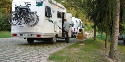Reisemobilstellplatz - Umgebungsschwerpunkt: Fluss - Rothenfels - Befestigte Stellplätze auf der Übernachtungwiese vor dem Campingplatz - Stellplatz Main-Spessart-Park