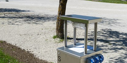 Motorhome parking space - Frischwasserversorgung - Ellingen - Stromversorgungsautomat für sechs Wohnmobile. Blick auf das Wahrzeichen Wemdings - die Türme der Stadtpfarrkirche St. Emmeram - Wohnmobilstellplatz Johannisweiher
