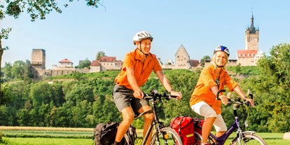 Reisemobilstellplatz - öffentliche Verkehrsmittel - Schwaigern (Landkreis Heilbronn) - Bad Wimpfen: Radfahren am Fluss Neckar mit Blick auf Burgen - SRH Gesundheitszentrum
