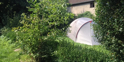 Reisemobilstellplatz - Wohnwagen erlaubt - Hohenberg-Krusemark - Ein Zelt zwischen Sträuchern. - Naturhof Camping