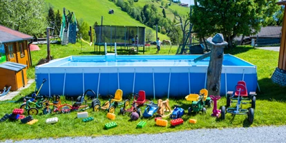 Parkeerplaats voor camper - Umgebungsschwerpunkt: Berg - Oostenrijk - Pool, Kinderfahrzeuge, Trampolin und Spielsachen stehen unseren Gästen zur freien Verfügung. - Kinderbauernhof Oberhasenberghof