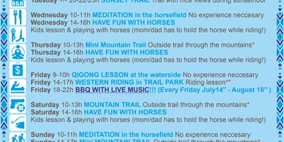 Reisemobilstellplatz - Reiten - We have a nice Summer program for 2023.
And our famous BBQ evening with life music on Fridays from July 14 untill August 18 - Sun Dance Ranch