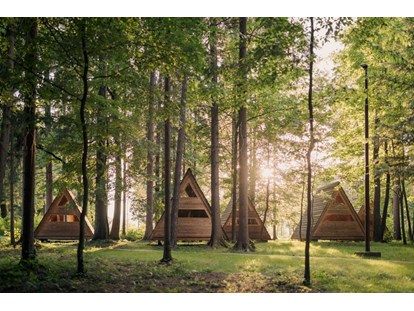Reisemobilstellplatz - Art des Stellplatz: ausgewiesener Parkplatz - Our wooden huts 'Forest bed' - Forest Camping Mozirje
