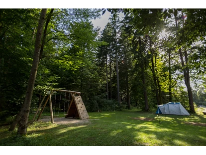 Reisemobilstellplatz - Frischwasserversorgung - Luče - Our main meadow with rental equipped tents. - Forest Camping Mozirje