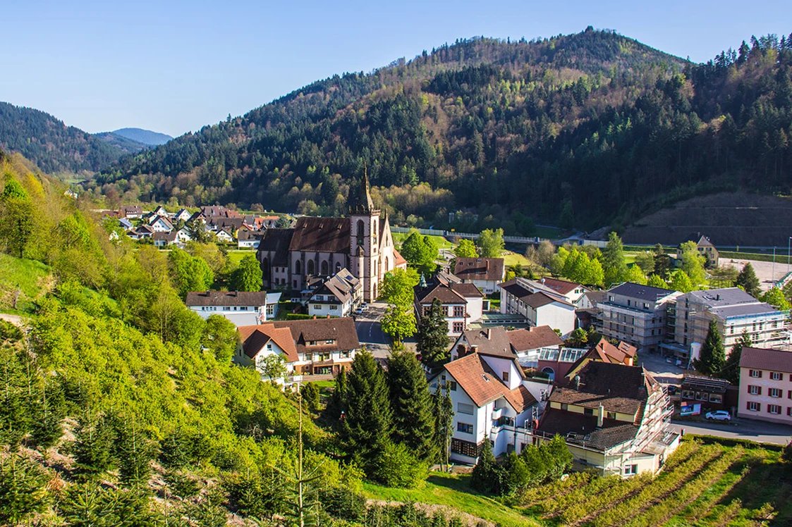 Wohnmobilstellplatz: Blick von der Sitzgruppe oberhalb des Ringhotel Sonnenhof - Wohnmobilstellplatz Lautenbach