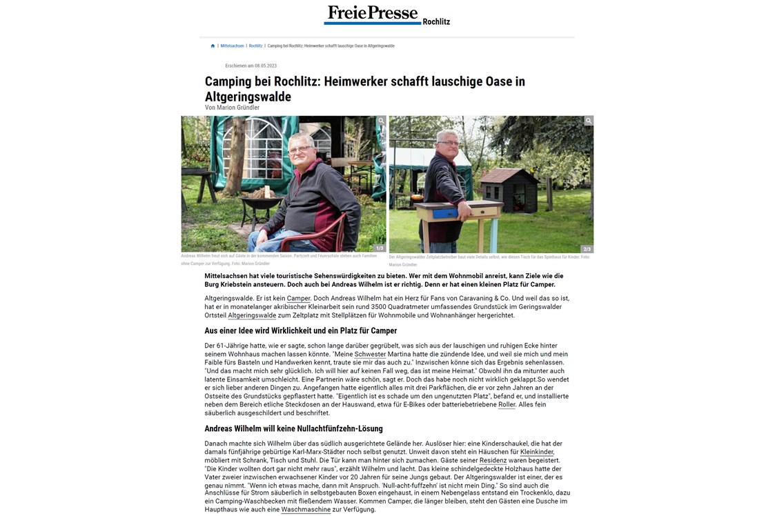 Wohnmobilstellplatz: Artikel Freie Presse vom 08.05.2023 - Campingplatz Geringswalde Stell- u. Zeltplatzvermietung Andreas Wilhelm