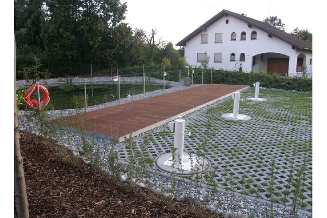 Wohnmobilstellplatz: Jedes WoMo hat Strom, Wasser, Entsorgung " vor der eigenen Haustüre".
Das flotte W-LAN wird sehr gelobt.
Die Terrasse am Flachteich ist ein Hit! - MINI -Stellplatz in Dornbirn