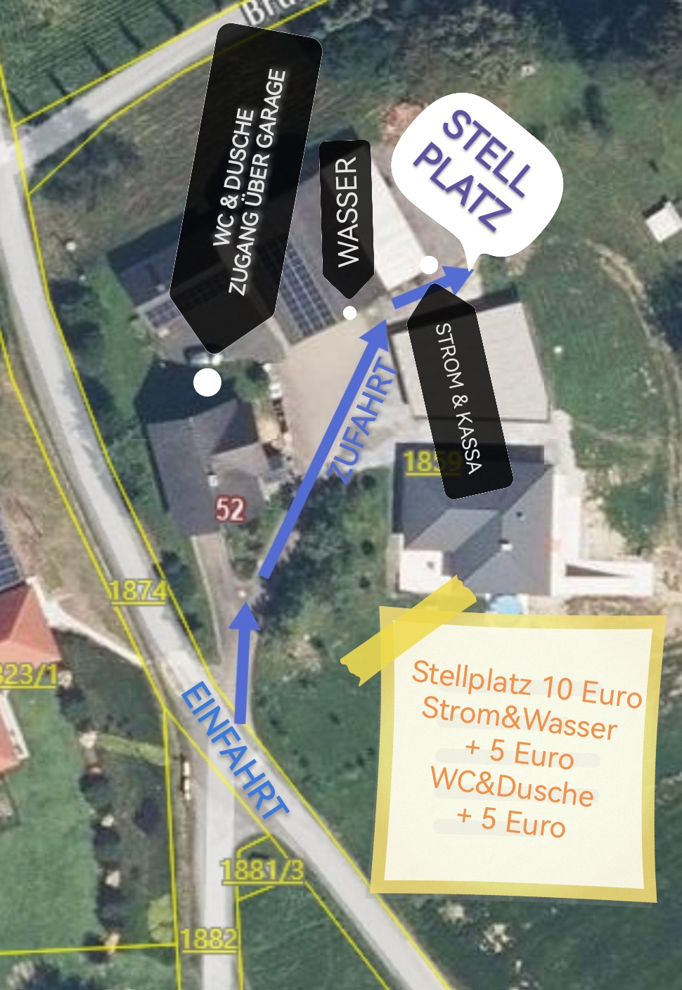 Wohnmobilstellplatz: Zufahrt über die Mellacher Straße - Stellplatz/Parkplatz, Strom & Wasser, WC & Dusche laut Foto vorhanden! - Stellplatz Ferienhaus Rothschedl.at - Infraestructura