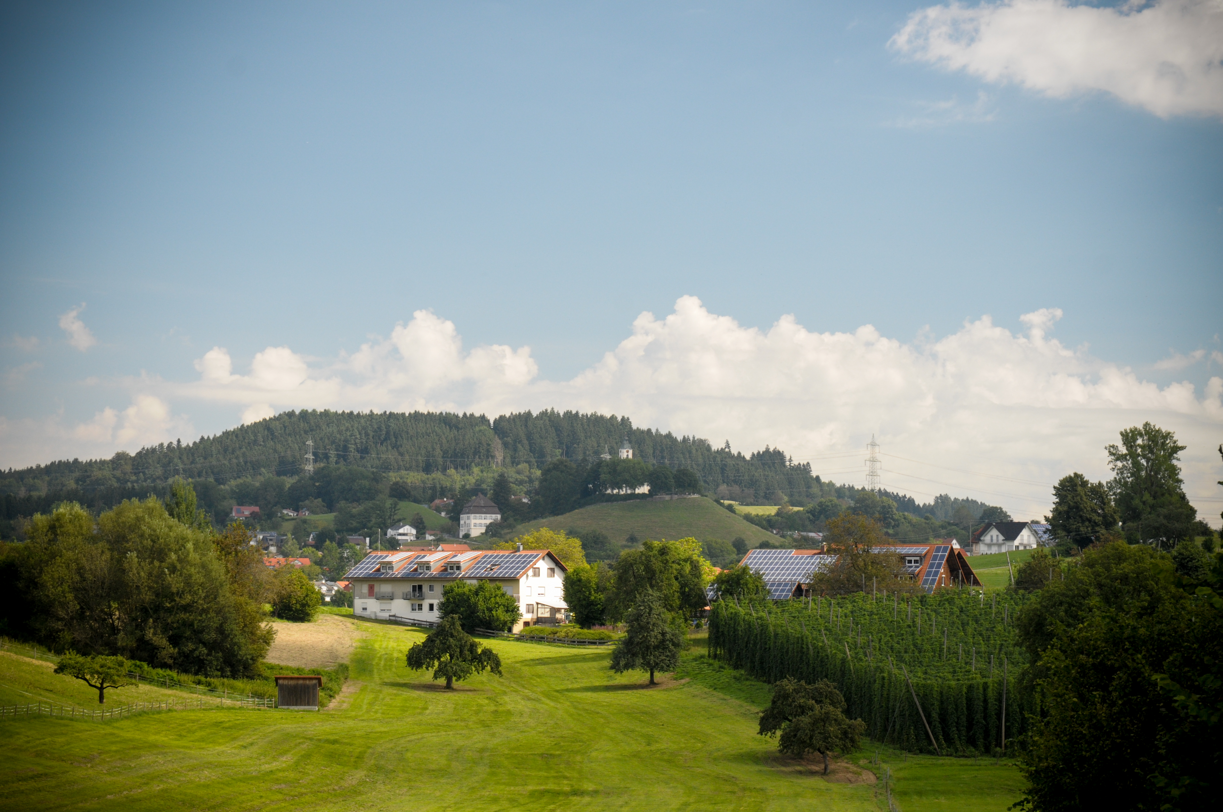 Wohnmobilstellplatz: in der Bildmitte ist das Haupthaus Ferienhof. 
Im Hintergrund/Norden  ist die Bodnegger Kirche.  - Ferienhof Metzler - Vicinity