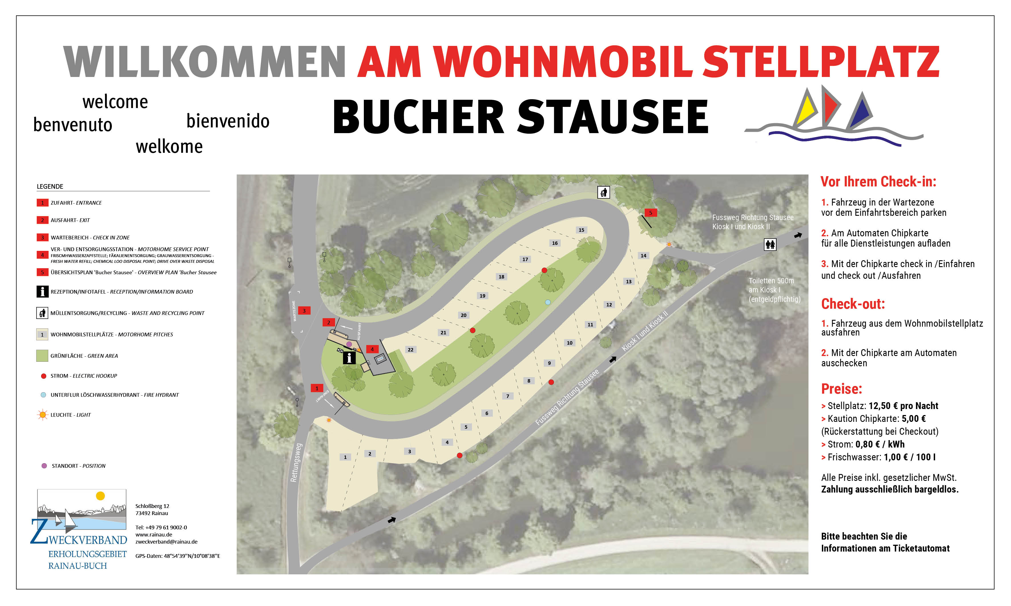 Wohnmobilstellplatz: Willkommensschild mit Infos - Wohnmobilstellplatz Bucher Stausee