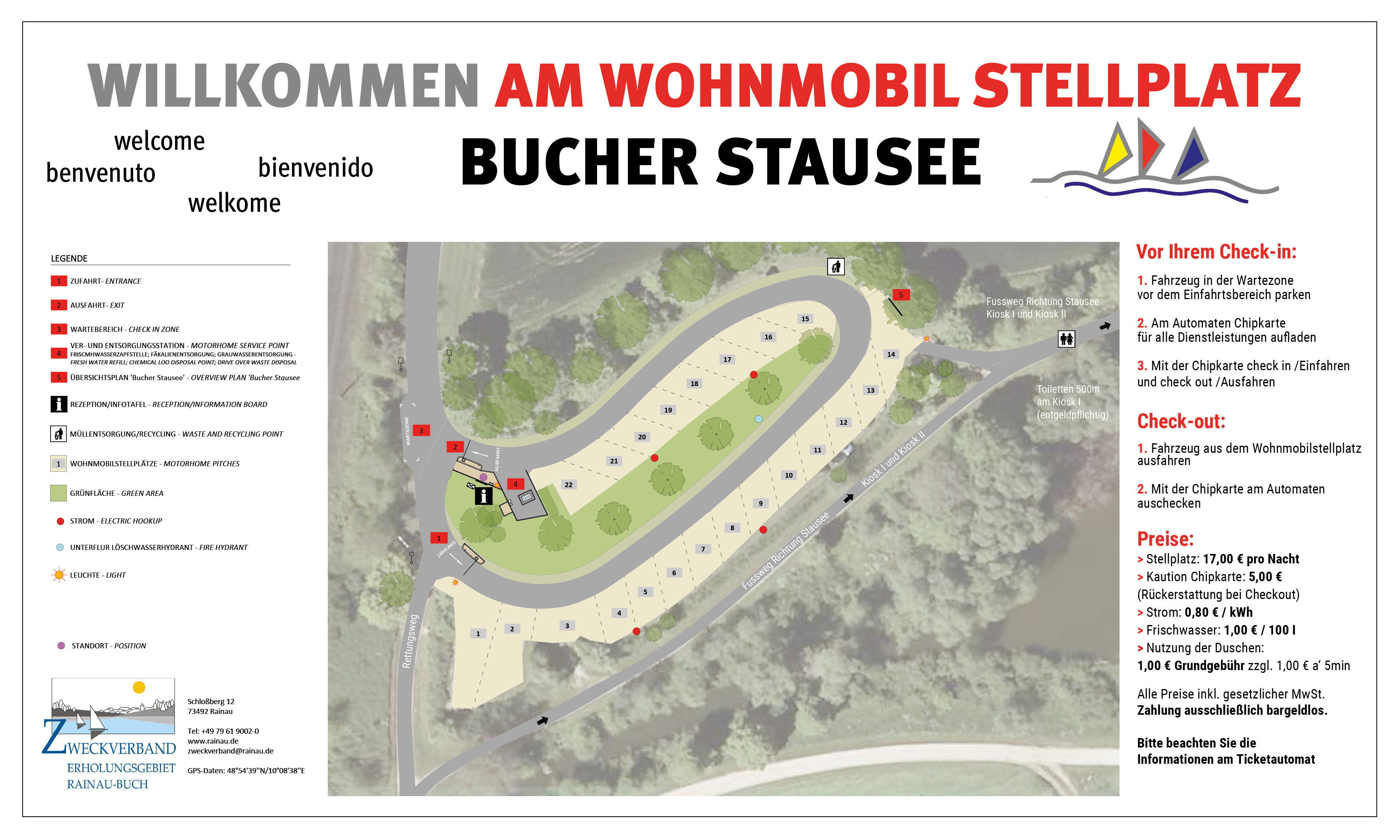 Wohnmobilstellplatz: Willkommensschild mit Infos - Wohnmobilstellplatz Bucher Stausee - area