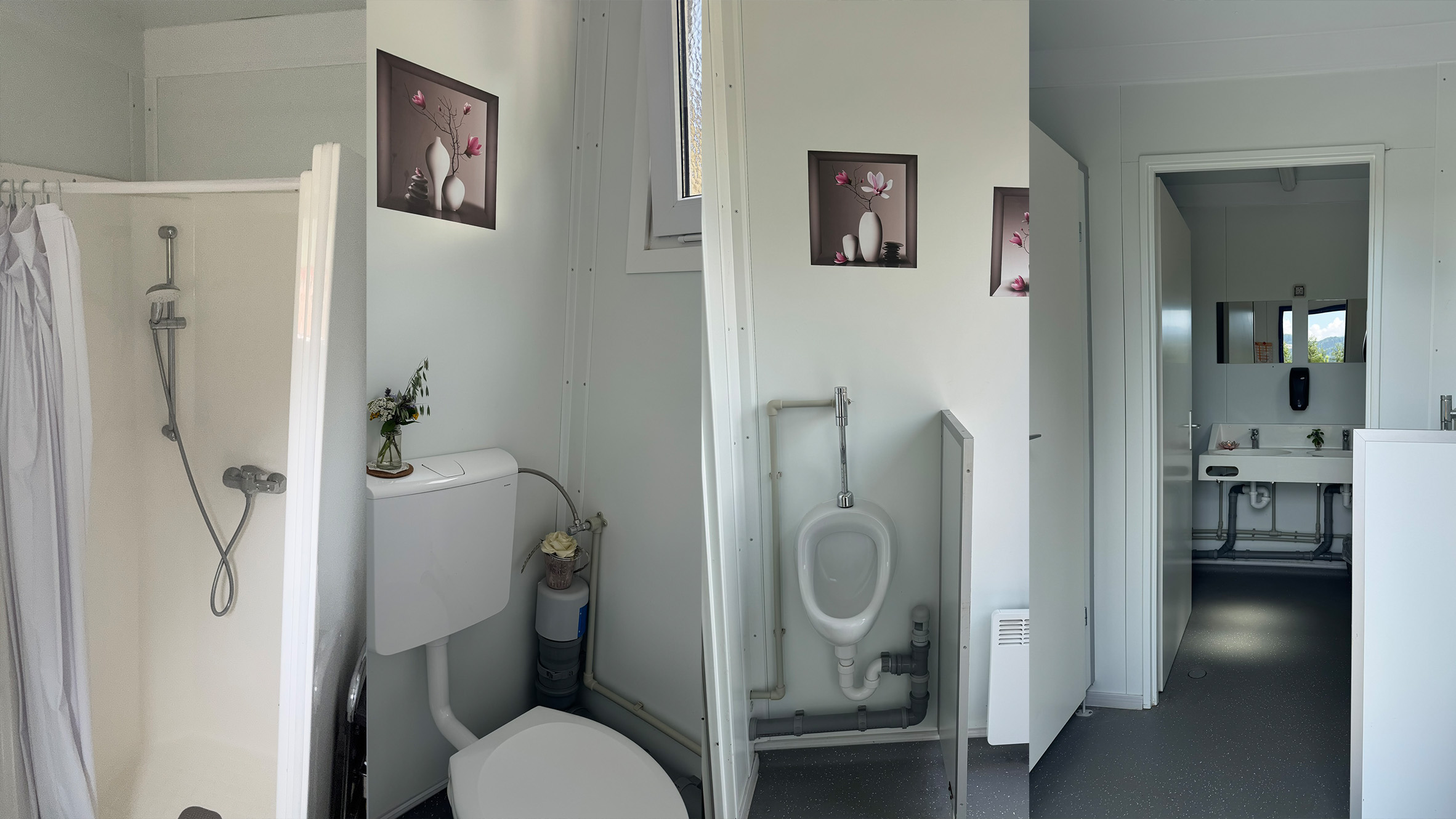 Wohnmobilstellplatz: Sanitärraum2 - "Rundum-Frisch" Ausstattung: 1 WC, 1 Pissoir, 1 Dusche, 1 Doppelwaschbecken, geöffnet von 15. April bis 15. Oktober - CAMPING-LÄNGSEE Stellplatz Bergschusterhof - Infrastructure, Sanitaire