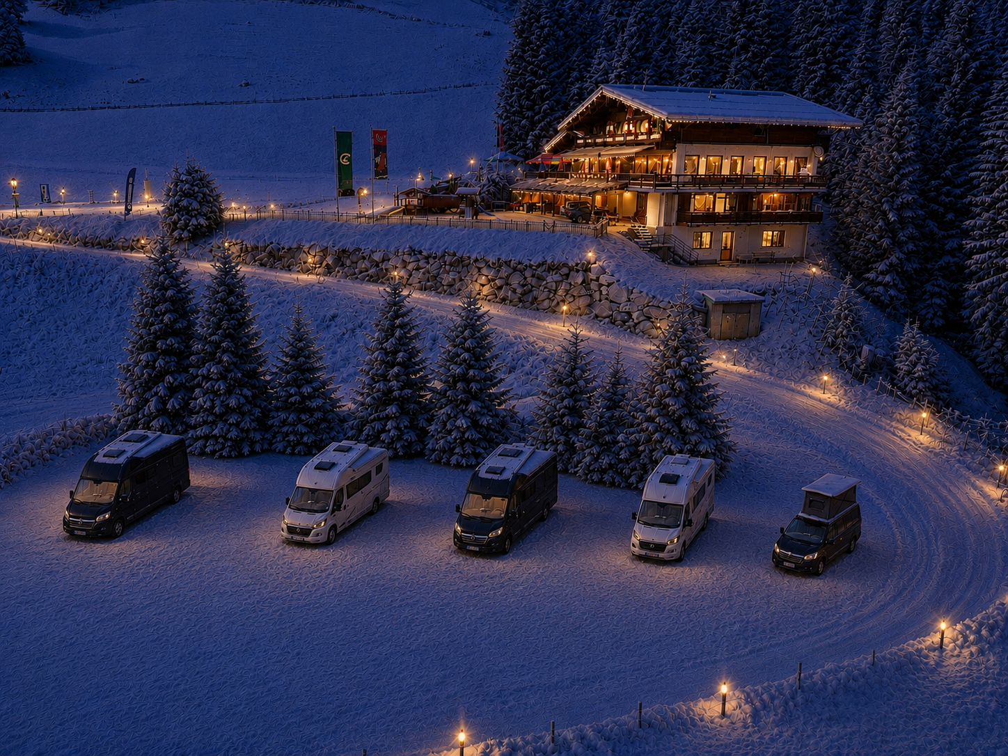 Wohnmobilstellplatz: Campingplatz Winter Abends - Naturcamping Schönmoosalm
