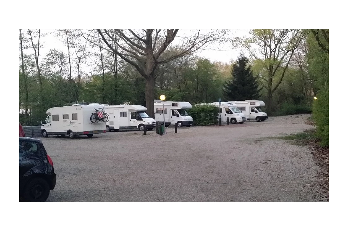 Wohnmobilstellplatz: Meerdere Campers met in het midden de verzorgingszuil met Water, Stroom en afvoer. 
De kosten zijn € 10,00 per 24 uur. met verlichting en afvalbak.  - Camping Lansbulten