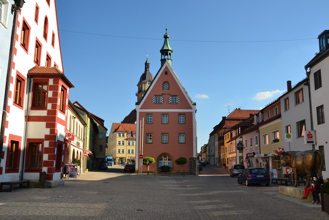 Wohnmobilstellplatz: Die Auerbacher Innenstadt mit dem historischem Rathaus und dem Kirchturm der Stadtpfarrkirche. - Stellplatz Am Behälterweiher