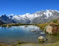 Wohnmobilstellplatz: Kreuzbodensee oberhalb Saas-Grund mit Blick auf die Mischabelkette - Stellplatz Saas-Fee