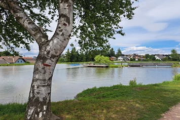 Wohnmobilstellplatz: Der Oberer Ortsteich in Ottenschlag liegt in unmittelbarer Nähe zum Mobilstellplatz. Er lädt die Gäste zum Abkühlen und Verweilen ein. Über einen Steg kommt man zu einer Schwimminsel mitten im Teich.  - Freizeitgelände Oberer Ortsteich