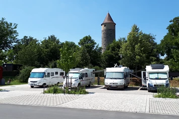 Wohnmobilstellplatz: Wohnmobilstellplatz Iphofen mit Blick auf die historische Stadtmauer und den Eulenturm - Wohnmobilstellplatz am Einersheimer Tor