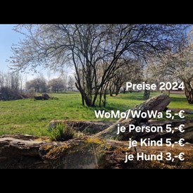 Wohnmobilstellplatz: Preise 2024

WoMo/WoWa 5,-€
je Person 5,-€
je Kind 5,-€
je Hund 3,-€ - Stellplatz Am Kalkwerkssee Görlitz