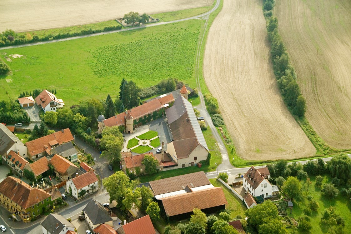 Wohnmobilstellplatz: Luftbild - zwischen Schloss und Grüner Wiese befinden sich die Stellplätze. - Wörners Schloss Weingut & Wellnesshotel