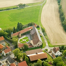Wohnmobilstellplatz: Luftbild - zwischen Schloss und Grüner Wiese befinden sich die Stellplätze. - Wörners Schloss Weingut & Wellnesshotel mit Stellplätzen
