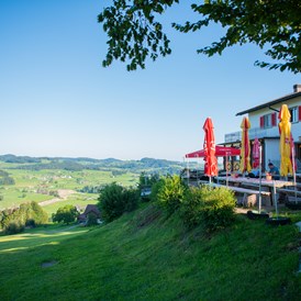 Wohnmobilstellplatz: Aussichtsreiche Sonnenterrasse - Restaurant Käserei Berghof