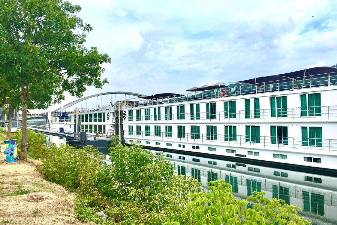 Wohnmobilstellplatz: Täglich sind Kreizfahrtschiffe zu bestaunen an der Uferpromenade.  - Camper Stellplatz "VORMFELD"