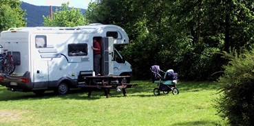 Reisemobilstellplatz - Wohnwagen erlaubt - Fürth (Bergstraße) - Stellplatz mit Picknickbank - Nibelungen Camping am Schwimmbad