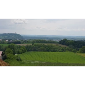 Wohnmobilstellplatz: Vom Stellplatz aus sehen Sie zur Linken die Ortschaft Bogen mit der Wallfahrtskirche Bogenberg, der Heimat des Bayerischen Rautenwappens. - Pension Reiner