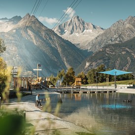 Wohnmobilstellplatz: Seepark Augstbord mit Aussicht aufs Bietschhorn - Seepark Augstbord, Unterbäch
