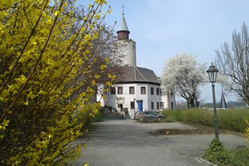 Wohnmobilstellplatz: Genügend Parkfläche direkt vor dem Museum Burg Posterstein. - Parkplatz Burg Posterstein