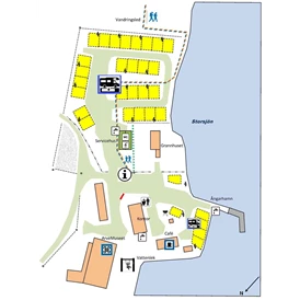Wohnmobilstellplatz: Stellplatzplan mit Museum, Café, Herberge und Dampfschiffen im Hafen. - Ställplats Arvesund