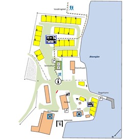 Wohnmobilstellplatz: Stellplatzplan mit Museum, Café, Herberge und Dampfschiffen im Hafen. - Ställplats Arvesund